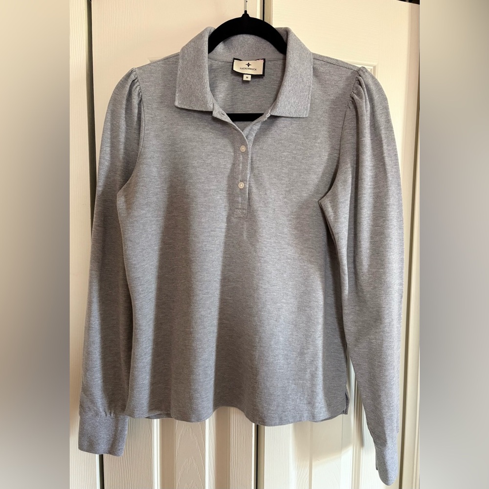 Tuckernuck Long Sleeve Pique Puff Sleeve Peggy Polo in Heather Gray